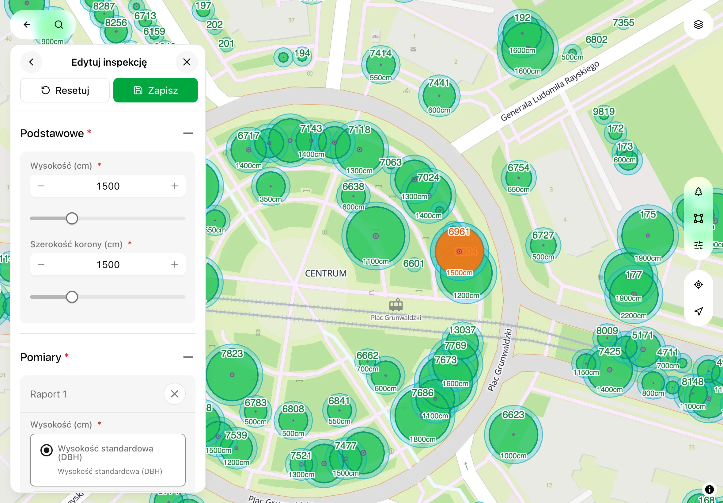Interfejs aplikacji TreeAgent pokazujący mapę z drzewami i panel inspekcji
