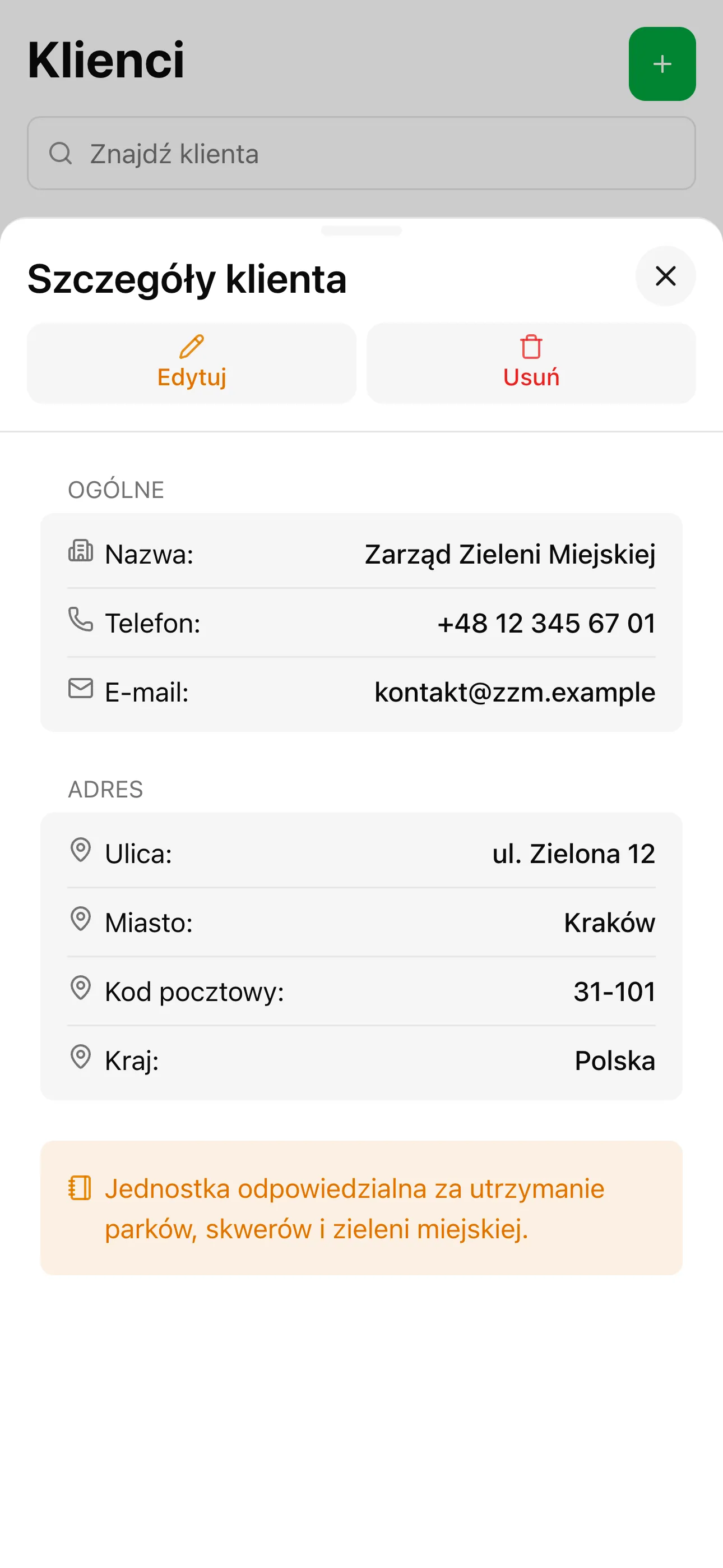 Szczegóły klienta z projektami i historią