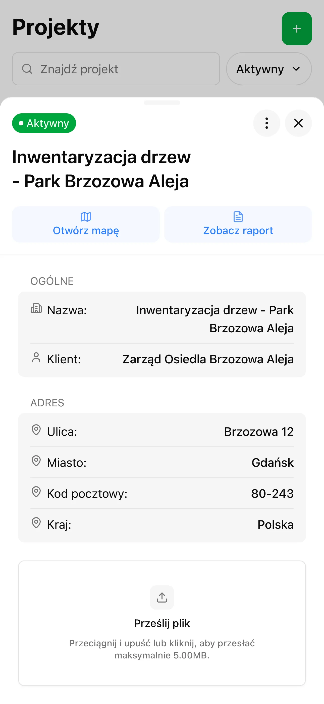 Szczegóły projektu z drzewami i inspekcjami