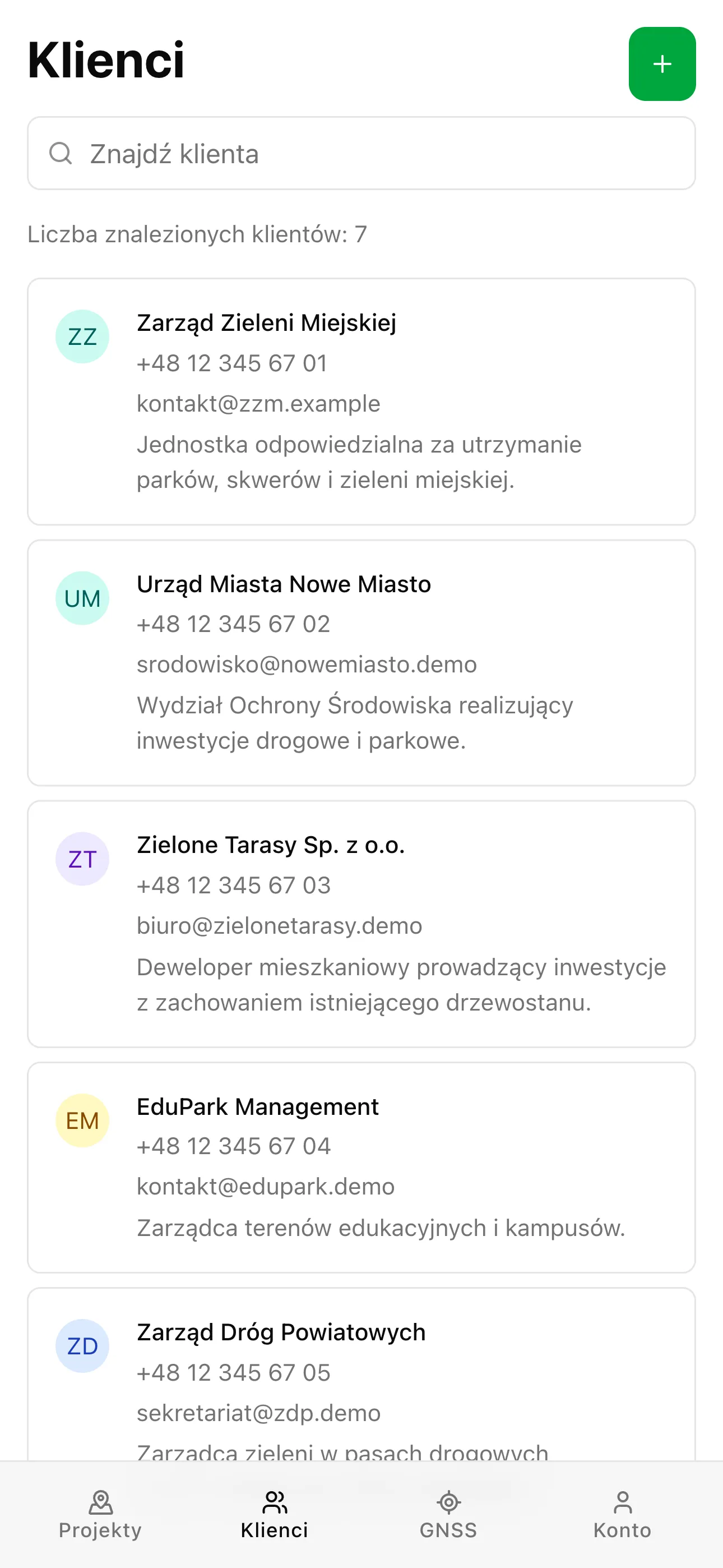 Lista klientów w aplikacji TreeAgent